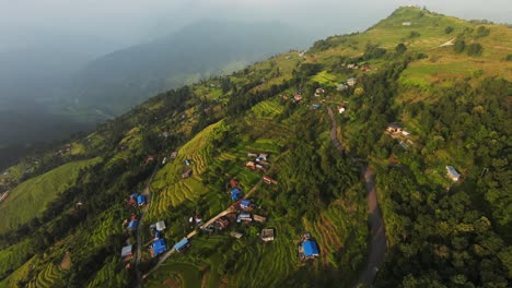 Beautiful-scenic-Nepal-valley-ascending-Aerial