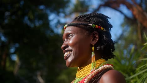 Elegant-Jewelry-Gracing-a-Woman-from-the-Karamojong-Tribe-in-Uganda,-East-Africa---Close-Up