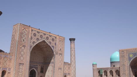panning-shot-of-registan-square-in-Samarkand,-Uzbekistan-along-the-historic-Silk-Road