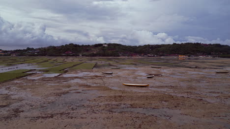 Vista-Aérea-De-Canoas-Y-Agricultores-En-Campos-De-Plantaciones-De-Algas-En-Praderas-De-Humedales,-Indonesia