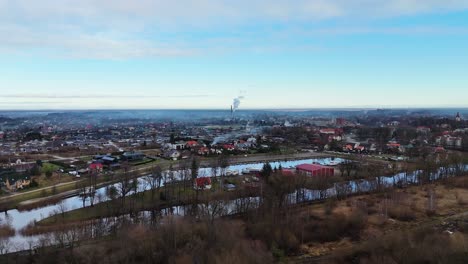 Establishing-drone-shot-of-town-of-Lithuania,-Silute,-Europe