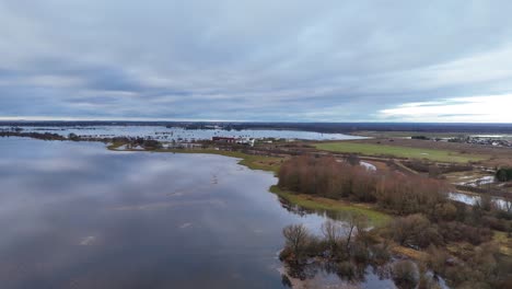 Panoramic-aerial-view-of-floods-in-european-town,-Lithuania