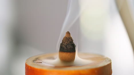 Close-Up-of-Flower-Bud-Shaped-Agarwood-Incense-Burning,-Unveiling-a-Delicate-Dance-of-Gentle-Smoke