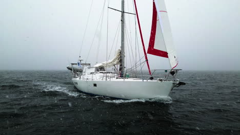 Drone-shot-in-front-of-a-sailboat,-sailing-on-the-ocean,-in-bad-blizzard-weather