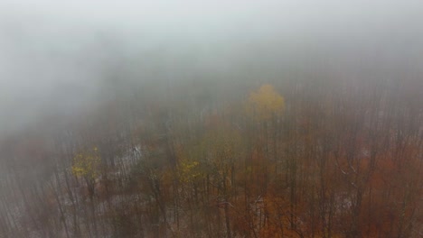 Flying-through-spooky-fog-and-enchanted-autumn-forest-in-Mount-Washington,-USA