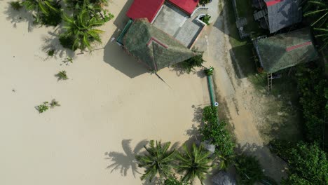 Tropischer-Strand-Mit-Palmen-Und-Gebäuden,-Sonniger-Tag,-Luftaufnahme