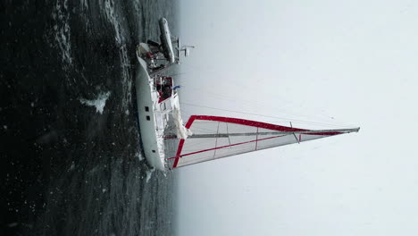 Sailboat-sailing-on-the-main-ocean,-during-snowfall---vertical,-drone-shot