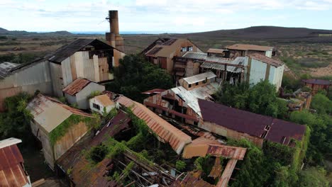 zoom-in-of-dilapidated-roof-tops-of-koloa-sugar-mill,-drone-footage