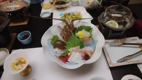 Gourmet-Japanese-Kaiseki-Course-Meal,-Raw-Fish-and-Lobsters-4k