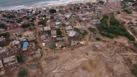 Aerial-view-of-African-shanty-coastal-village-in-Dakar,-Senegal