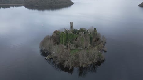 McDermott-Castle-Ruins-In-County-Roscommon,-Ireland---Aerial-Shot