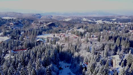 Fliegen-über-Dem-Verschneiten-Wald-Mit-Blick-Auf-Die-Stadt-Brasov