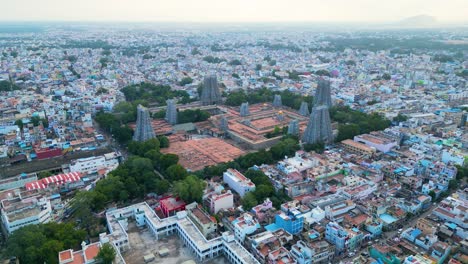 Aerial-orbit-around-Meenakshi-Amman-Hindu-Temple-towers-in-Ancient-city-of-Madurai