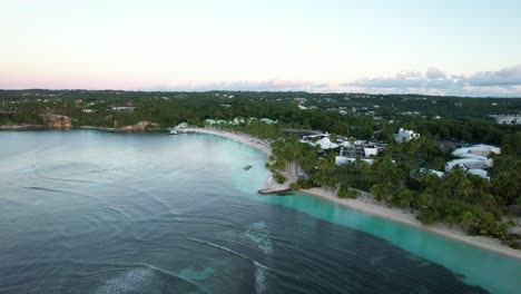 Calm-Atlantic-ocean-with-luxury-resorts-of-Guadeloupe-island,-aerial-view