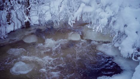 Water-Rushing-From-Frozen-Landscape-Of-A-Mountain-Creek