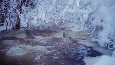 Kalte-Szene-Eines-Gefrorenen-Flusses,-Der-Im-Winter-Fließt
