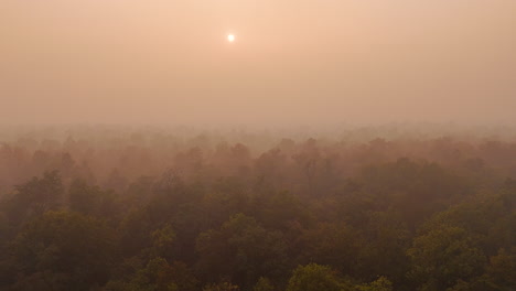 Terai-region-of-Nepal-has-green-forests-and-fantastic-sunsets-with-pink-sky,-Drone-captures-scenic-beauty-in-the-forest-with-smoke-covered-by-smog-and-foggy-weather-environment-conservation-4K