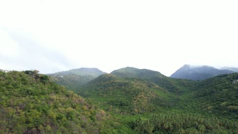 Mountain-landscape-with-dense-rainforest-in-Guadeloupe,-aerial-view