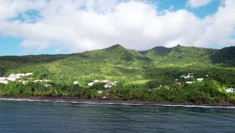 White-luxury-estates-in-green-jungle-of-Guadeloupe-near-coast,-aerial-view