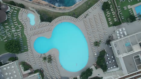 Empty-Swimming-pool-area-of-Hotel,-Mallorca,-Spain
