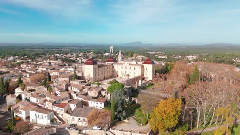 Aerial-panoramic-View-of-Chateau-de-Castries,-France
