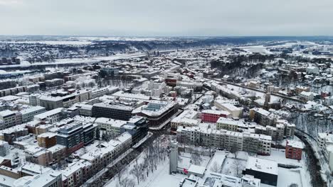 Discovering-Kaunas-City,-Lithuania-from-above,-winter-landscape