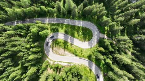 Cars-and-bicycles-driving-along-curved-serpentine-road-in-green-coniferous-forest
