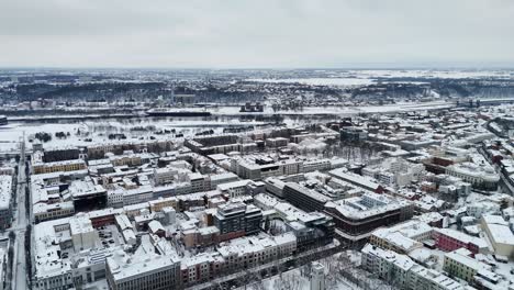 City-of-Kaunas-in-Lithuania,-covered-by-snow-in-a-winter-landscape