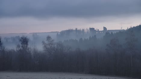 Quiet-misty-landscape-with-bare-trees,-a-frozen-field-and-the-silhouette-of-a-medieval-castle-on-a-hill,-all-under-a-changing-overcast-sky-in-a-time-lapse-shot