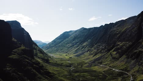Wide-drone-shot-of-Scotland's-famous-Glencoe-Valley-at-midday