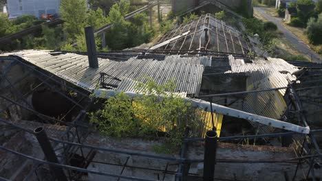 Destroyed-rooftop-with-green-tree-growing-at-abandoned-industrial-area,-Aerial-view