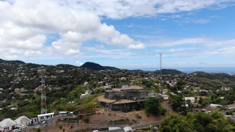 Historic-Fort-Frederick-in-Grenada,-aerial-pullback-reverse-dolly