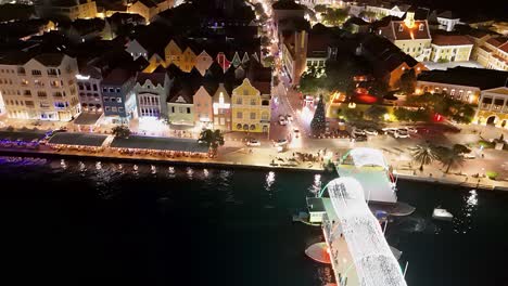 Aerial-panoramic-of-Handelskade-Willemstad-Curacao-at-night-with-shining-Christmas-lights