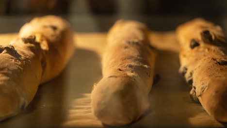 Loaves-of-homemade-bread-baked-in-the-oven,-beautiful-baguette-golden-crust-roasting