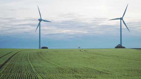 Two-slowly-rotating-wind-turbines-tower-above-the-green-agricultural-field