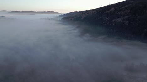 Vista-Aérea-Del-Paisaje-Brumoso-Con-Niebla-Que-Envuelve-Una-Zona-Boscosa-Durante-Las-Primeras-Horas-De-La-Mañana