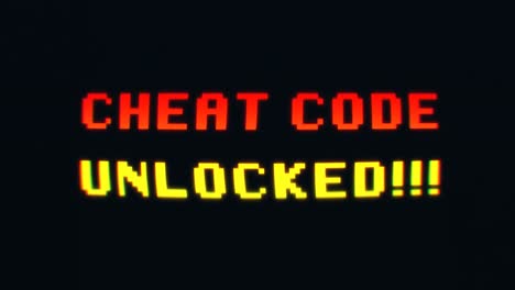 Animation-of-vibrant-red-and-yellow-text-message-saying-Cheat-Code-Unlocked,-retro-8-bit-pixelated-font
