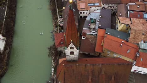 Top-View-over-the-Chiusa-Old-Town-Church-and-the-River,-South-Tyrol,-Italy