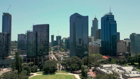Aerial-Rising-Shot-over-Perth-City-Downtown-Skyscrapers,-Australia
