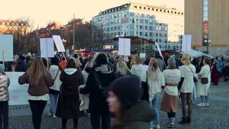 Crowd-of-people-at-a-women's-rights-rally-in-Stockholm,-Sweden,-with-placards,-in-daylight