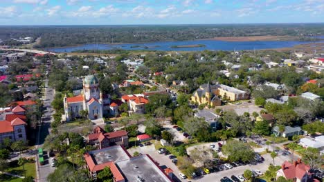 Aerial_4k_Forward-Slider-video-flying-over-Downtown-St-Augustine-towards-Flagler-College,-Florida