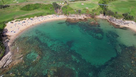 Little-Bay-Beach-With-Turquoise-Clear-Water-In-Sydney,-New-South-Wales,-Australia---Aerial-Shot