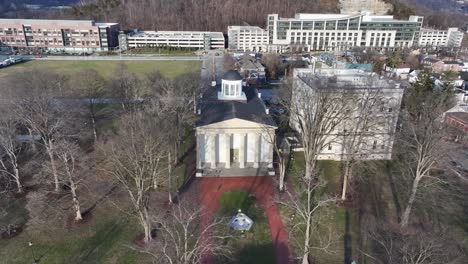 Frankfort-Kentucky-old-capital-building-downtown-during-sunset-AERIAL-ORBIT