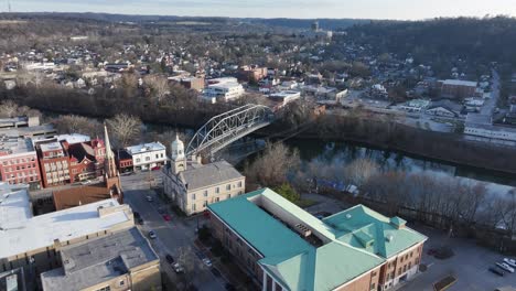 Downtown-Frankfort-Kentucky-the-Kentucky-River-and-historical-building-and-the-Singing-Bridge-leadin-the-the-Frankfort-state-capital-building-AERIAL-DOLLY