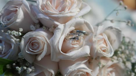 Rosenstrauß-Mit-Eheringen-Des-Bräutigams-Und-Der-Braut-Zwischen-Ihren-Blütenblättern