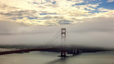 Timelapse-of-fog-covering-the-Golden-gate-bridge,-sunset-in-San-Francisco,-USA