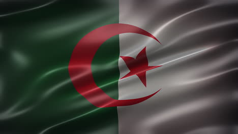 Die-Nationalflagge-Algeriens,-Vollbild,-Vorderansicht,-Glänzend,-Flatternd,-Elegante-Seidige-Textur,-Weht-Im-Wind,-Realistische-4K-CG-Animation,-Schlanker,-Filmähnlicher-Look,-Nahtlos-Schleifbar