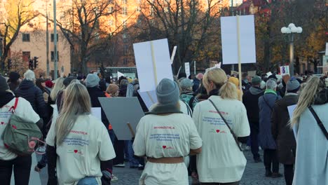 Crowd-at-a-women's-rights-rally-in-Stockholm,-back-view,-signs-held-high,-at-dusk