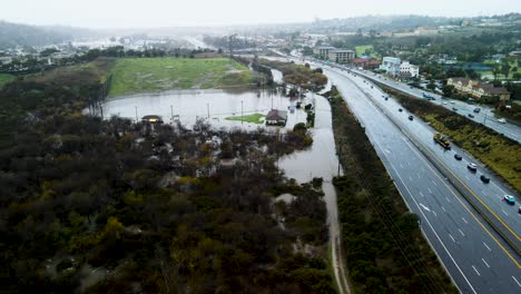 Aerial-pullback-above-flooded-public-park-in-San-Diego-California-during-heavy-storm