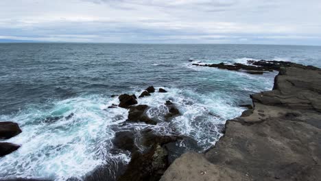 Volcanic-rock-coast-in-Iceland,-foaming-waves-in-slow-motion